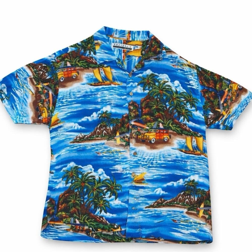 Vintage Blue Hawaiian Island Print Shirt XL Rayon Tropical Beach Vacation Top